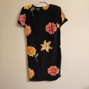 Patrick Collection Dress Size 8 Black 100% Silk Floral Print Short Sleeve Shift